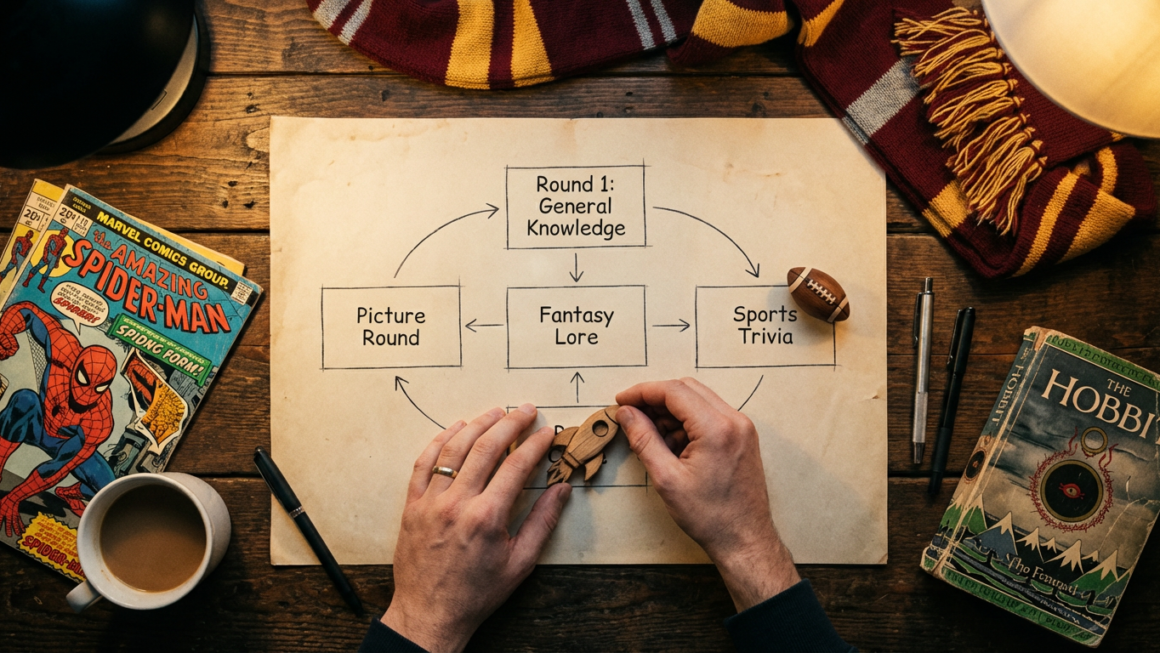 A flat lay of a creator's desk, showing the creative process of designing a niche quiz with blueprints and items representing different fan communities.